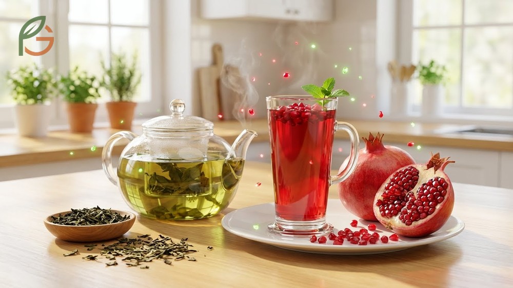 Pomegranate green tea benefits combining catechins and anthocyanins for enhanced antioxidant effects.