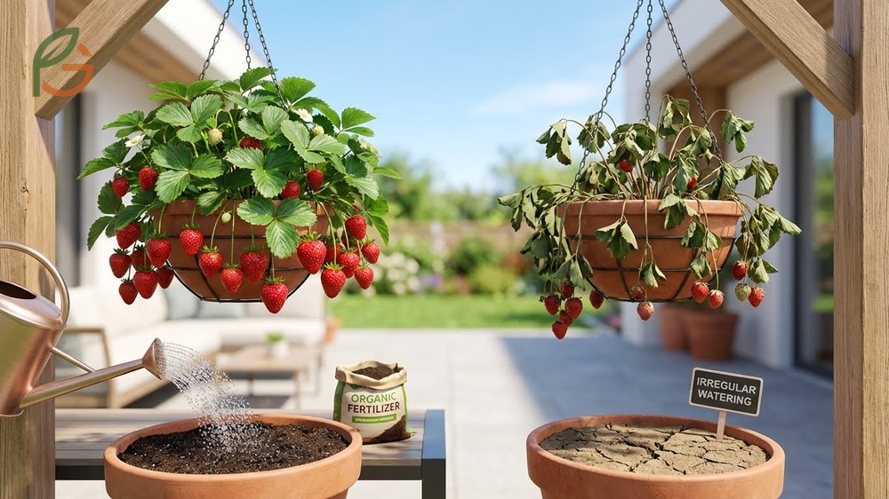 Potted strawberry care necessitates daily soil moisture checks and biweekly fertilization during the active growing season.