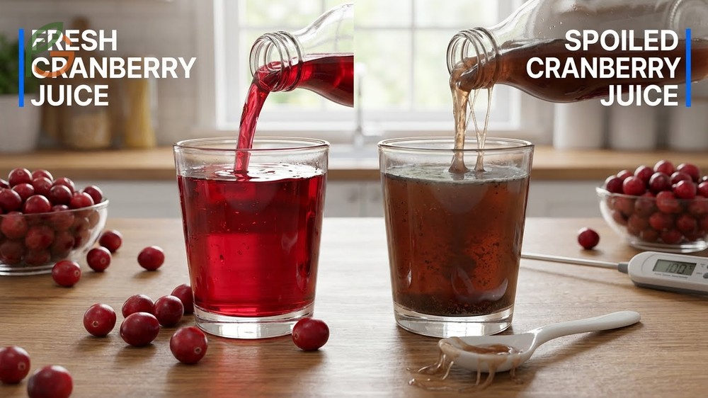 Signs of bad cranberry juice including color shifts to dark brown and visible mold growth on the surface.