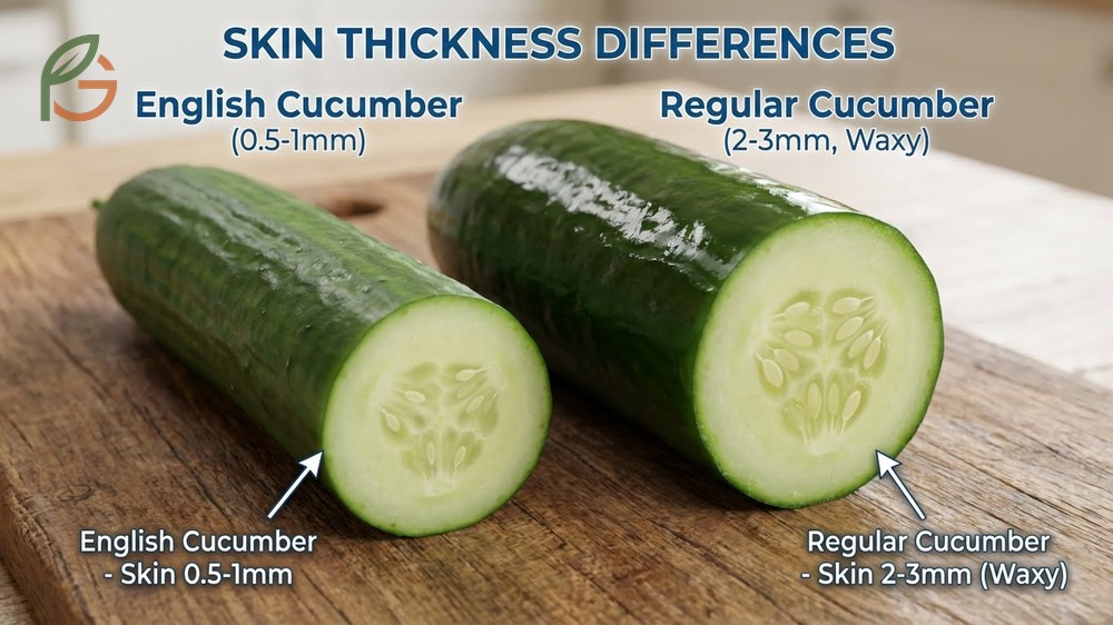 Skin thickness differences comparing thin edible English cucumber skin against thick waxy regular cucumber peel.