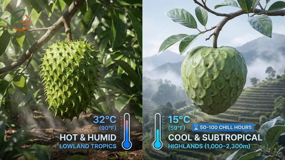 Soursop vs cherimoya climate needs comparing tropical heat requirements against subtropical highlands up to 2300 meters.