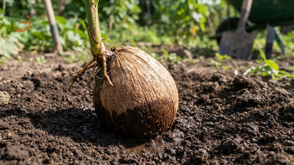 Sprouting coconut seed involves planting the nut with the pointed end down and leaving the upper part exposed.