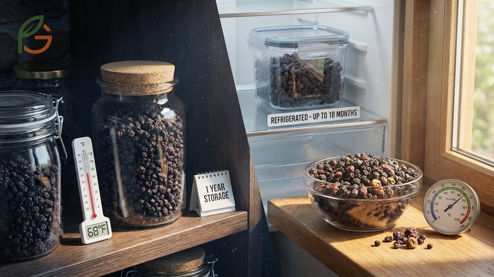 Storage dried elderberries in airtight glass jars kept in cool dark locations extends shelf life up to one year.