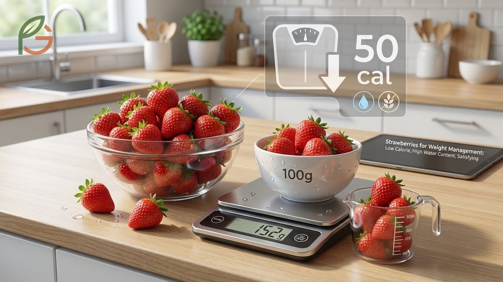 A bowl of strawberries illustrating their low calorie density and high fiber content that supports weight management.