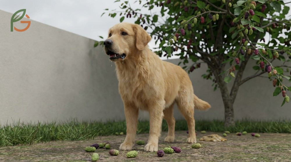 Symptoms of mulberry poisoning in dogs manifest as confusion and vomiting after ingesting green fruit.