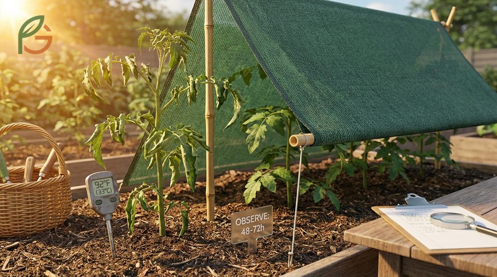 Tomato plant leaf curl remedy involves using shade cloth during peak heat and maintaining consistent soil moisture levels.