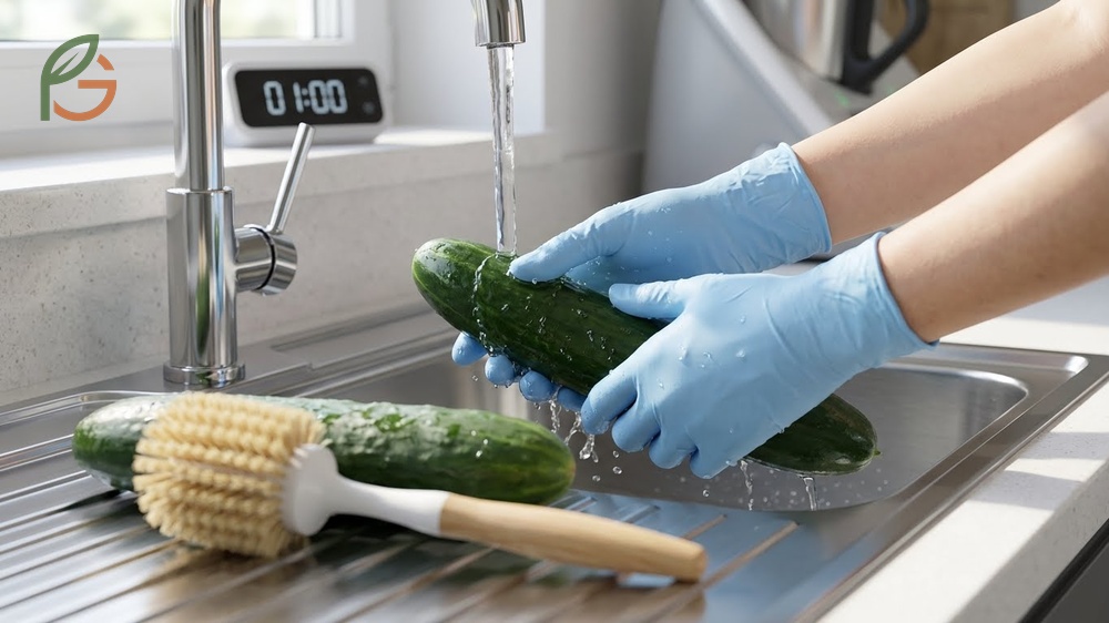Washing cucumbers properly involves rubbing under running water for 60 seconds to remove dirt and surface residues.