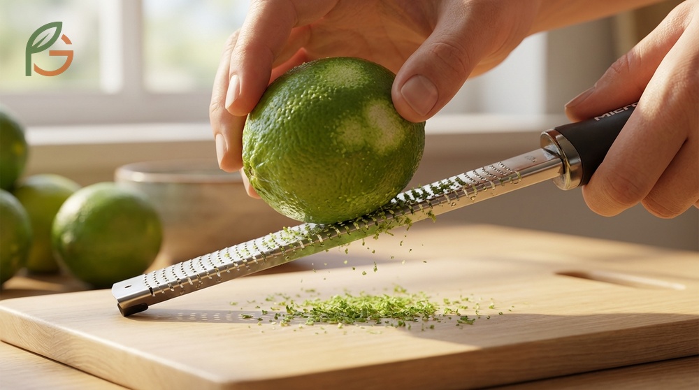Zesting lime technique using a microplane at a 45-degree angle to collect fine aromatic oils.