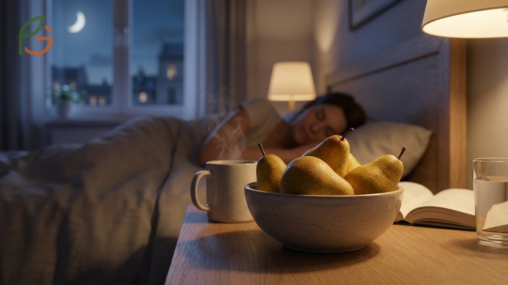 A light evening snack of fresh pear slices providing steady energy without disrupting sleep cycles.