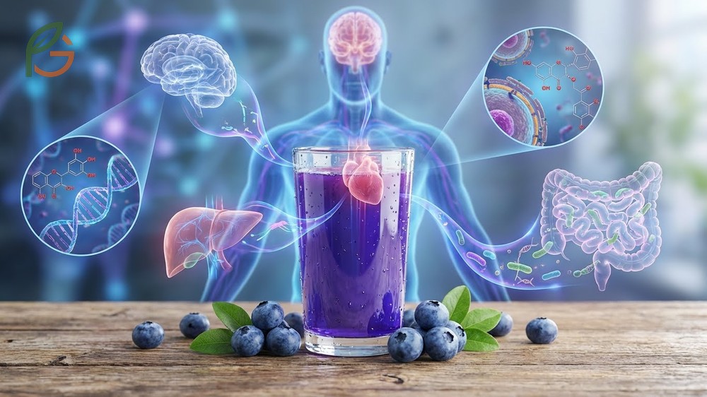 Blueberry juice health benefits include improved fasting blood glucose levels and reduced systemic inflammation markers.