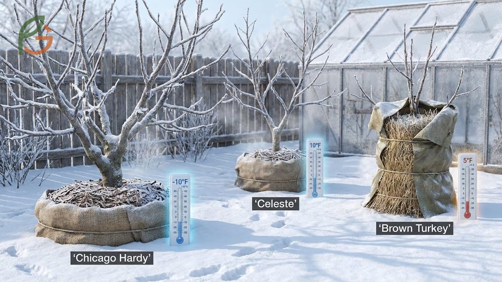 Cold hardy fig varieties like Chicago Hardy and Celeste capable of surviving temperatures down to 0 degrees Fahrenheit.