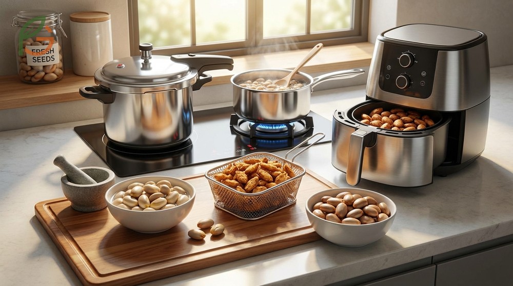 Cooking jackfruit seeds storage using sealed glass jars to keep roasted snacks fresh for up to 2 weeks.