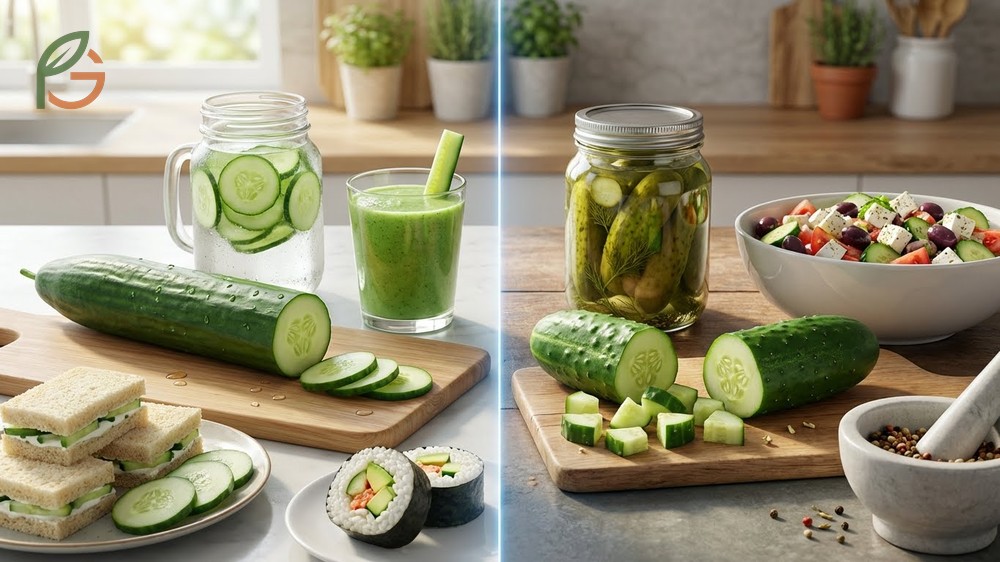 Culinary uses for each type highlighting English cucumbers for sushi and regular varieties for pickling and chunky salsas.