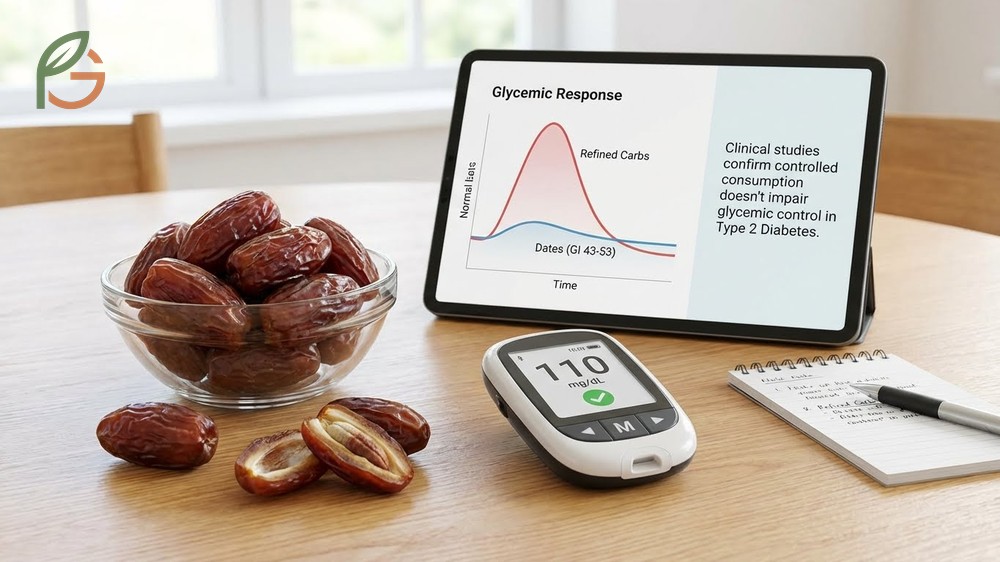 Dates fruit and diabetes management showing moderate glycemic index between 43 and 53 for safe consumption in moderation.