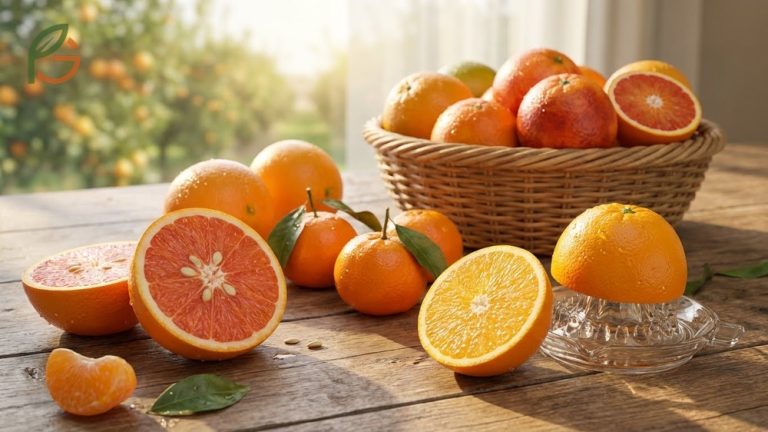 Different types of oranges range from sweet Cara Cara to tangy Valencia with distinct seasonal availability.