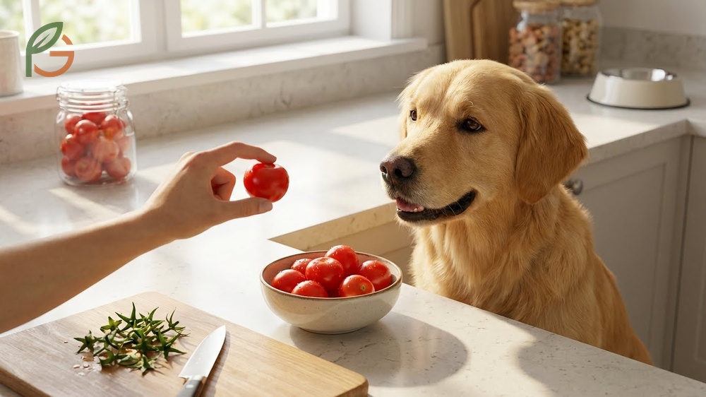 Can dogs eat cherry tomatoes that are fully ripe after removing toxic stems and leaves.
