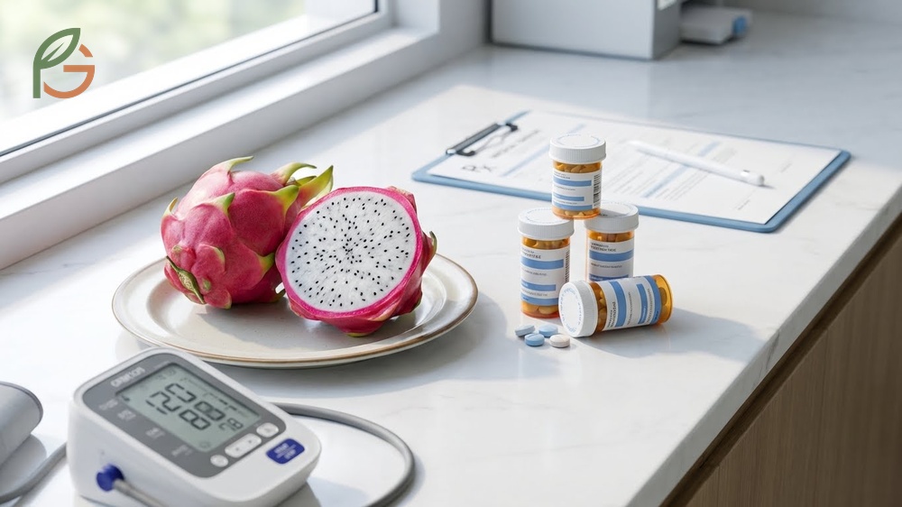 Drug interactions with dragon fruit that may affect blood pressure medication and diabetes treatment efficacy.