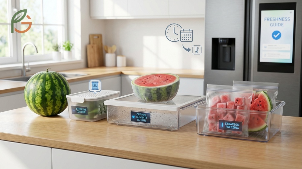 Extend watermelon freshness by freezing cubes for 8 to 12 months or keeping fruit away from ethylene producing apples.