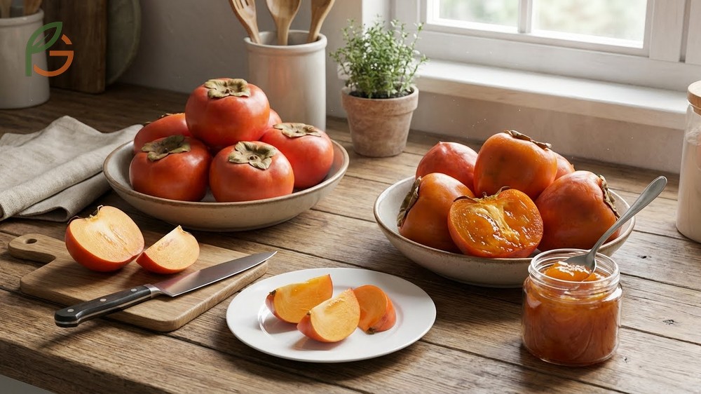 Contrast between eating firm Fuyu slices and scooping soft Hachiya flesh with a spoon.