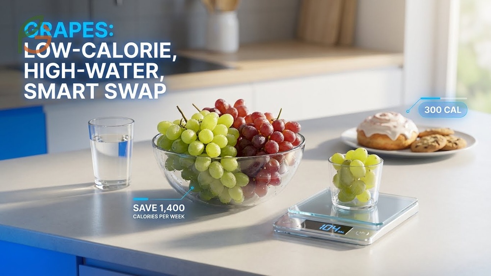 Grapes for weight loss diet illustrating how replacing a pastry with a 104 calorie cup of grapes saves 200 calories.