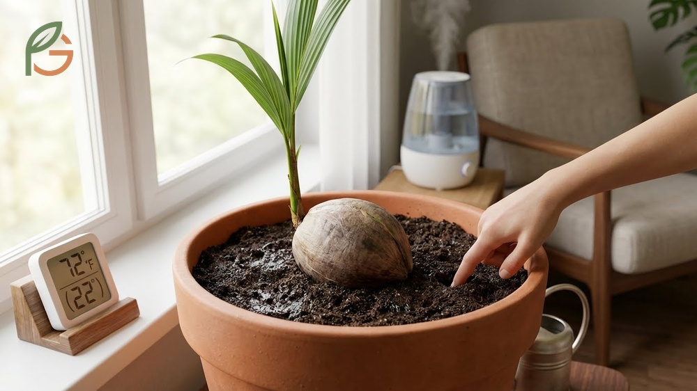 Growing coconut home care includes maintaining soil moisture and providing bright indirect light for the seedling.