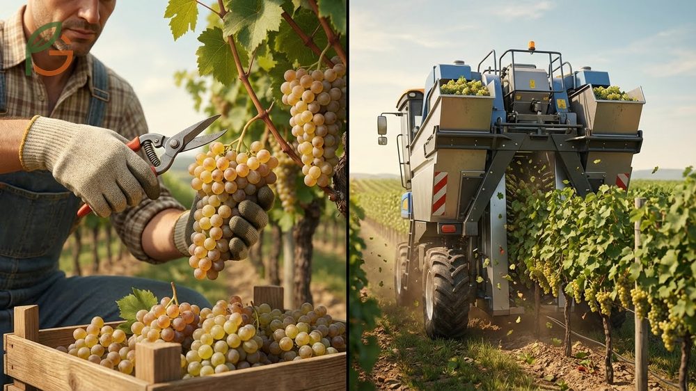 When are grapes harvested using hand shears for premium wine grapes versus mechanical harvesters that pick 80 to 200 tons per day.