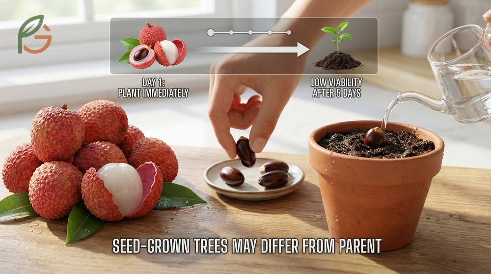 How to grow lychee from seed demonstrating the need to plant fresh seeds within 5 days for viability.