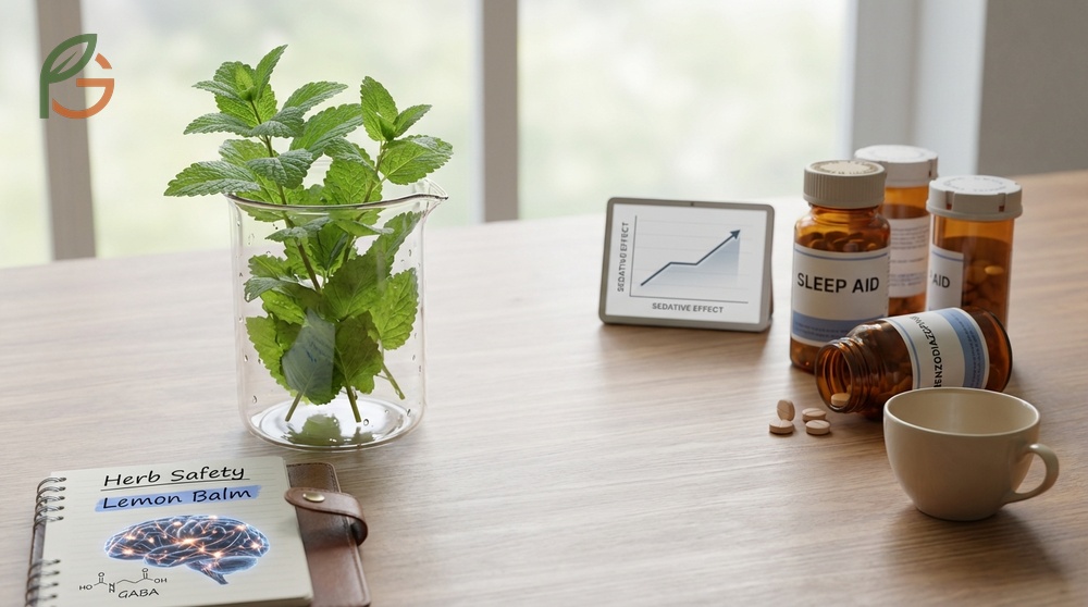 Sedative herbs safety warning against combining lemon balm with alcohol or benzodiazepines due to drowsiness.