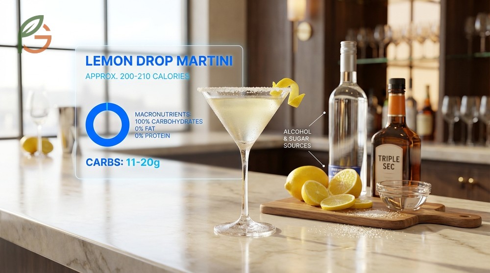 Lemon drop martini calories showing approximately 200 to 210 calories per serving with carbohydrate content.