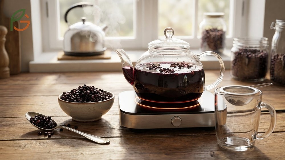 Making tea from dried elderberries involves simmering berries for twenty minutes to extract antioxidants and tart flavor.