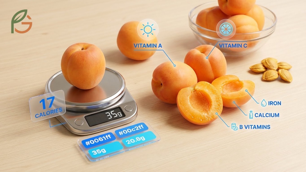 Nutritional benefits of apricots per 100g serving include low calories, potassium, and essential vitamins.