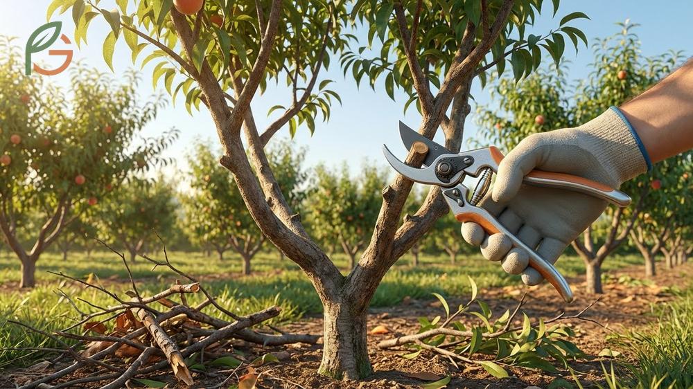 How to prune a peach tree involves creating 3 to 4 scaffold branches with wide 45 to 60 degree angles.