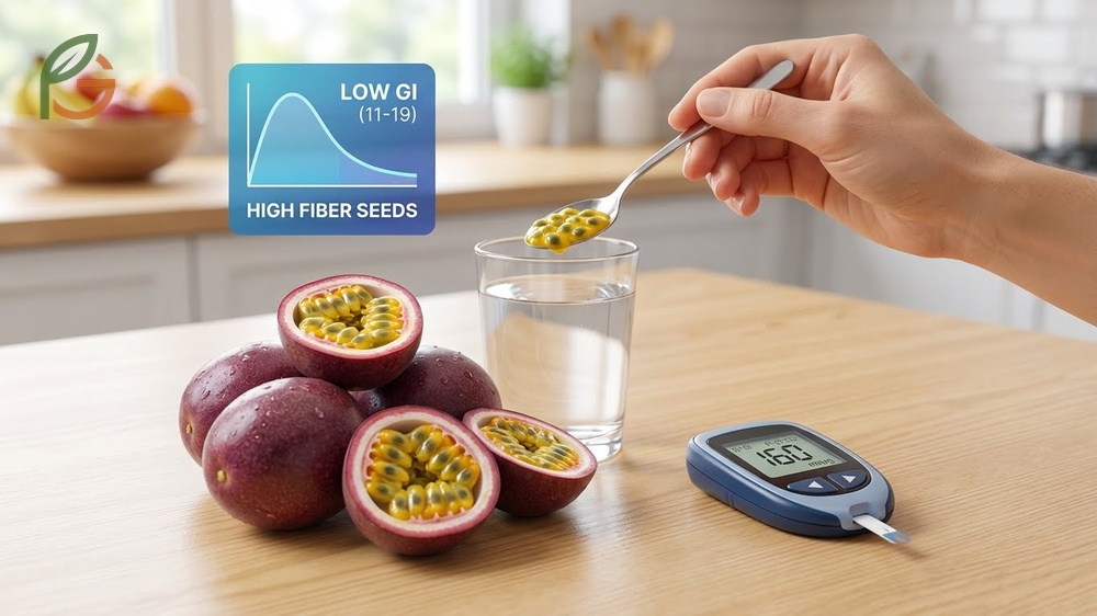 Passion fruit seed edible fiber slows sugar absorption making it safe for diabetes with a low glycemic index.