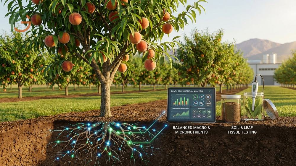 Peach tree nutrition requires essential macronutrients like nitrogen and micronutrients like zinc to prevent physiological disorders.