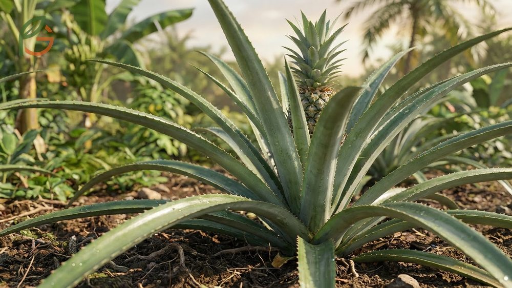 Diagram of pineapple plant anatomy showing waxy leaves and a shallow fibrous root system.
