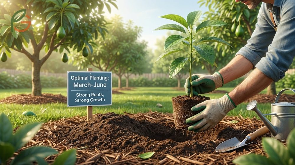 Planting avocado trees process showing soil preparation and proper planting depth to prevent root rot issues.