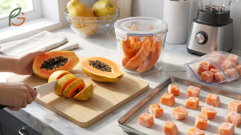 Prepare papaya fruit by cutting it into cubes and storing it in sealed containers to prevent oxidation.