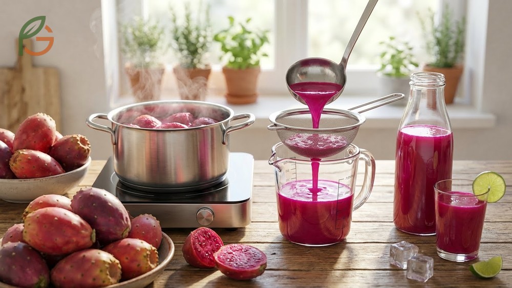 Preparing prickly pear for juice by simmering and straining the pulp to remove seeds.