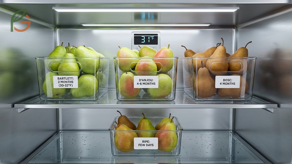 Refrigerate pears duration guidelines showing Bartlett store for 2 months and d'Anjou for 6 months.