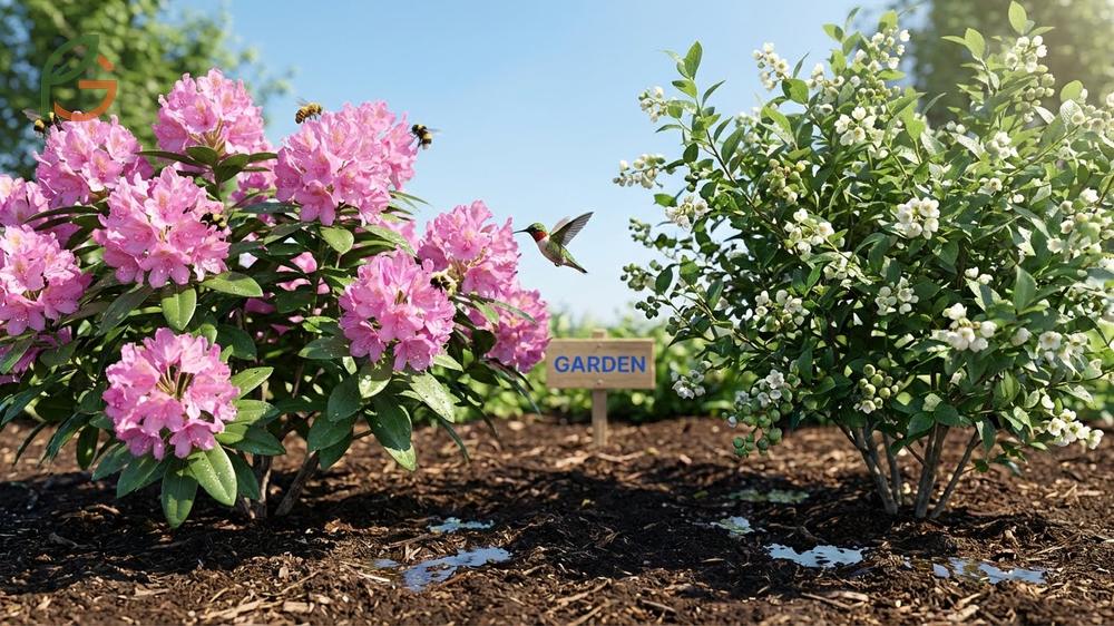 Vibrant blooming rhododendrons planted alongside blueberry bushes in a shared acidic soil garden bed.