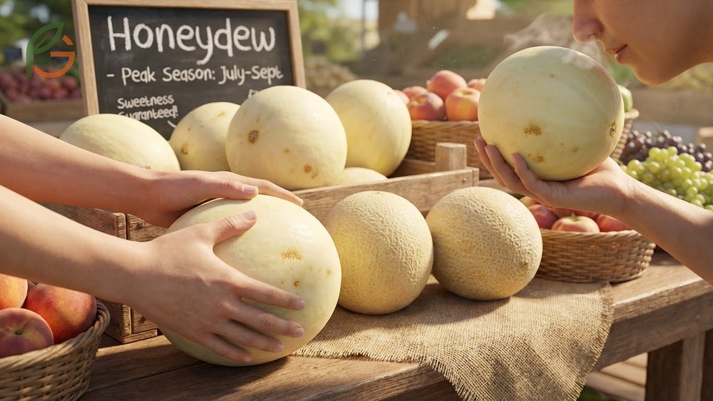 Signs of ripe honeydew include a heavy feel for its size and a sweet floral aroma at the blossom end.