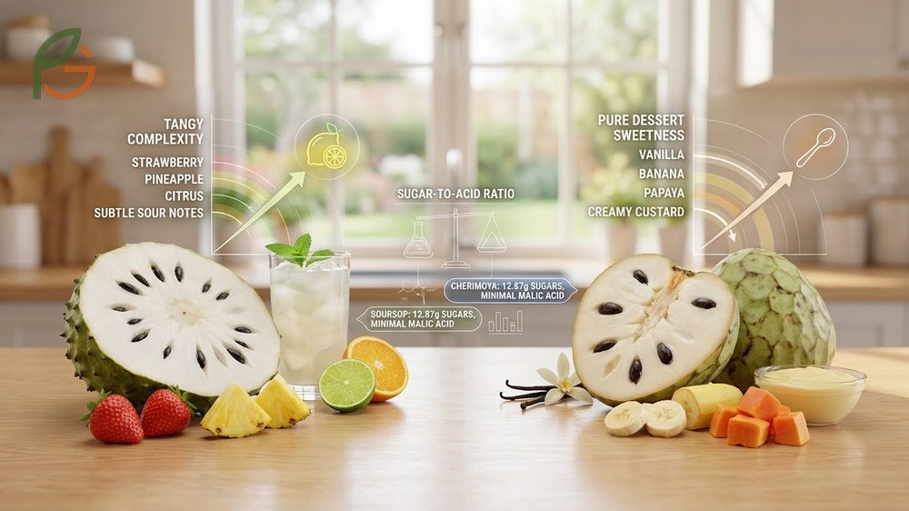 Soursop vs cherimoya taste texture analysis showing sugar content of 12.87g in cherimoya versus 13.54g in soursop.