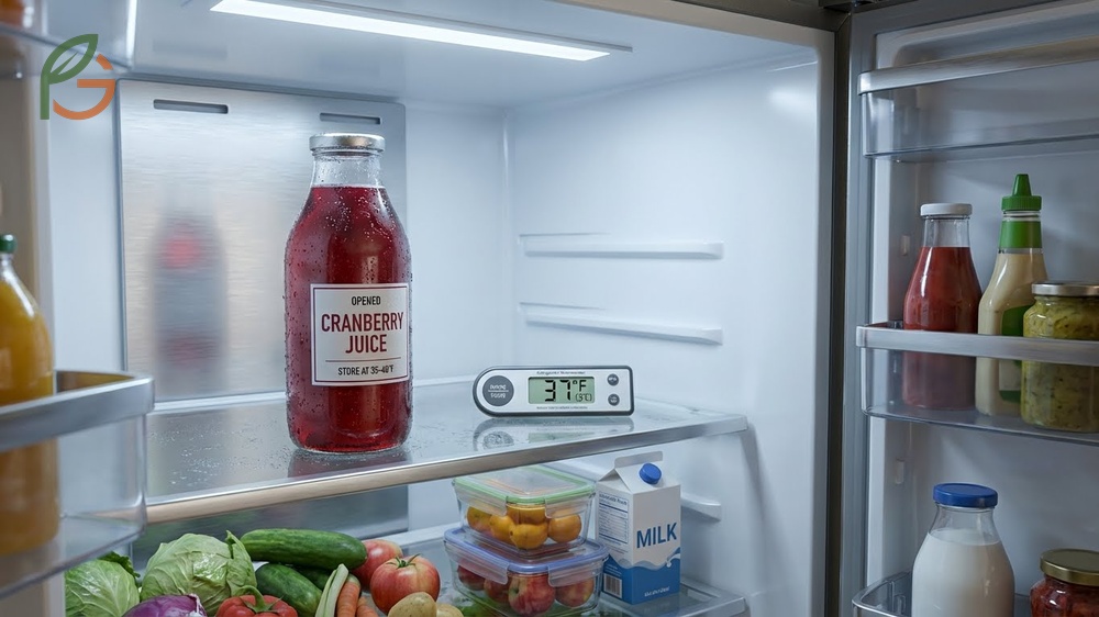 Storing open cranberry juice involves keeping temperatures between 35 to 40 degrees Fahrenheit to extend freshness.