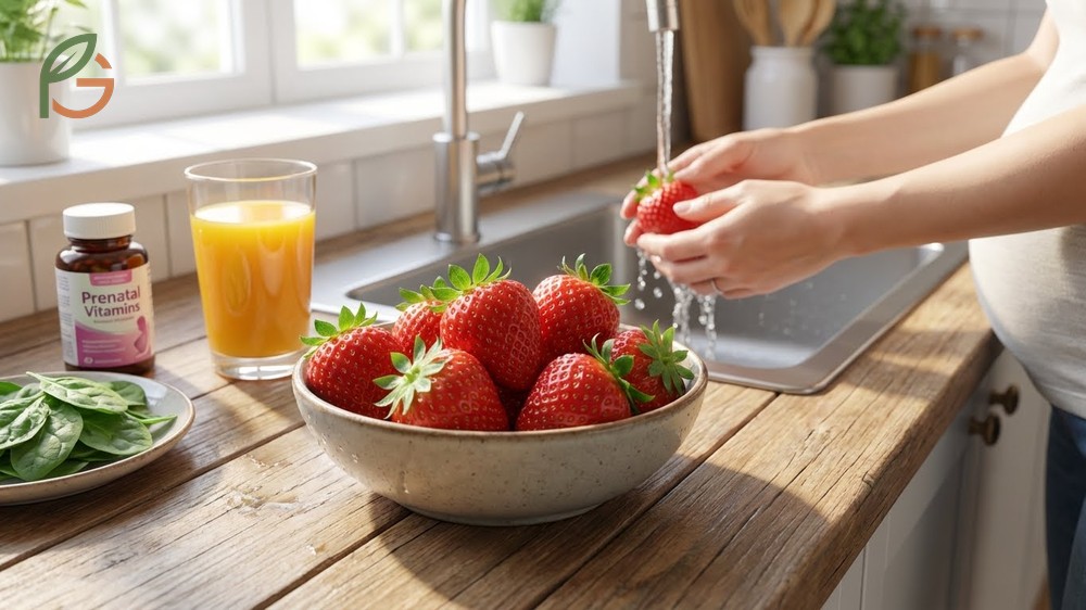 Fresh washed strawberries which provide folate and Vitamin C essential for fetal development and maternal health.