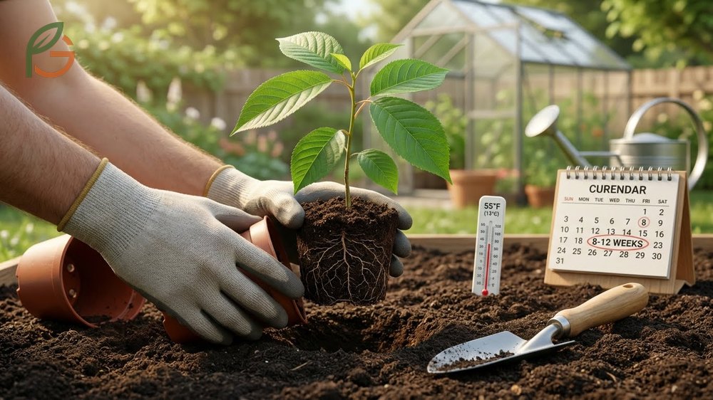 Transplanting cherry seedlings outdoors requires hardening them off when they reach 6 to 10 inches tall with true leaves.