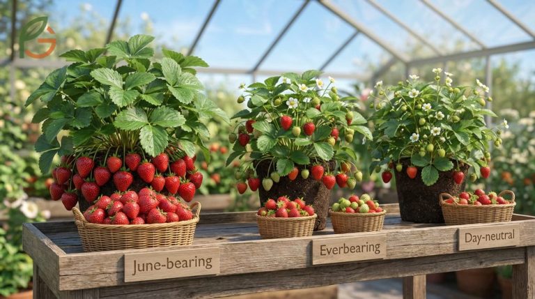 Types of strawberry plants including June bearing and everbearing varieties categorized by fruiting habits.