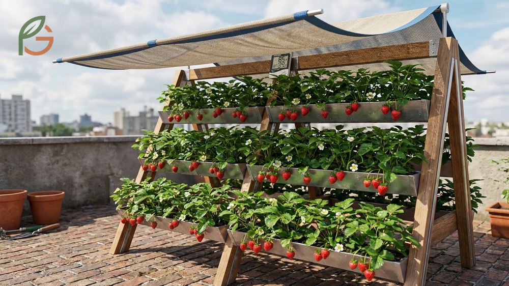 Vertical strawberry growing succeeds when baskets receive six to eight hours of morning sunlight and protection from wind.