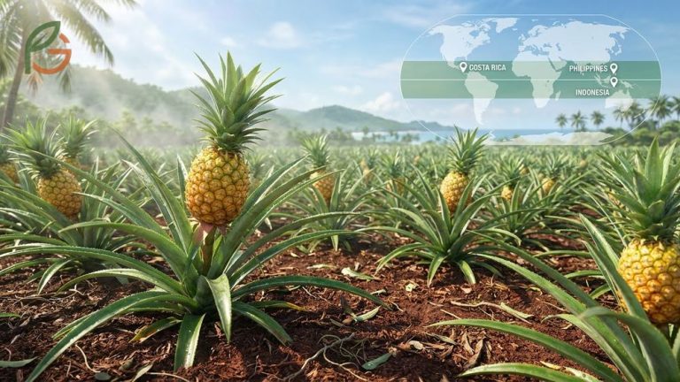Where Do Pineapples Grow visualized on a global map showing tropical zones between 31N and 34S.