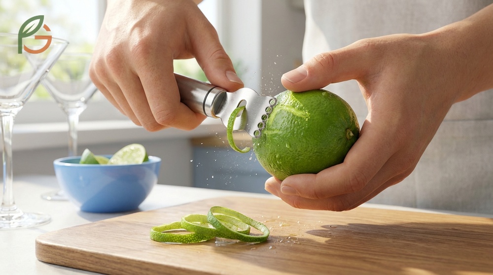Zester tool use creates long thin decorative strips of peel that are perfect for cocktail garnishes.