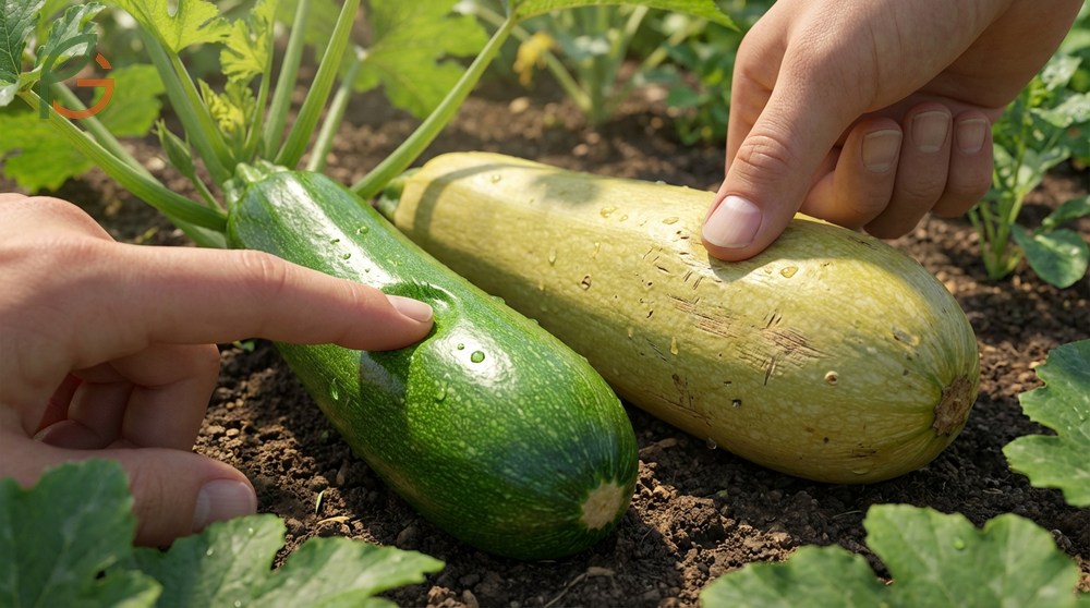 Zucchini maturity indicators include the thumbnail test where skin pierces easily and a glossy surface appearance.